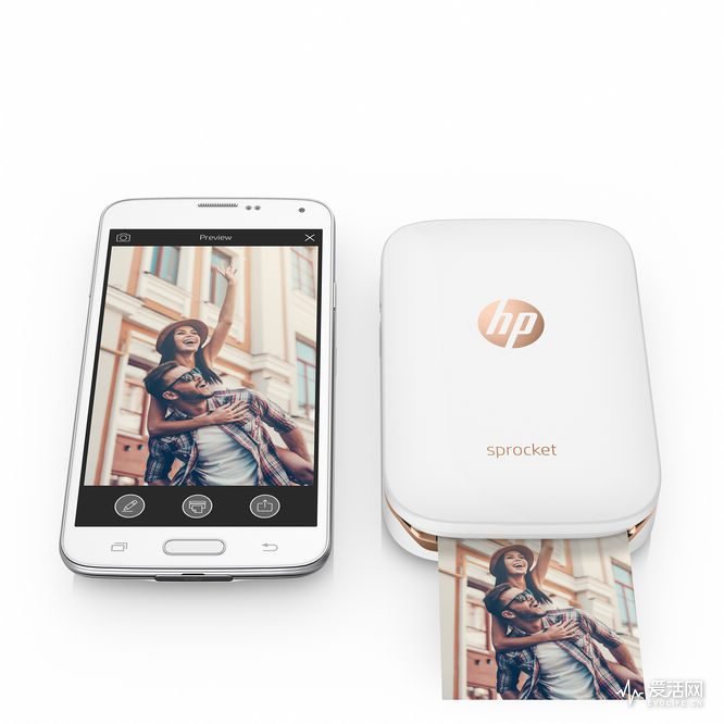 HP Sprocket Photo Printer (White) with phone, Center, Front, with output