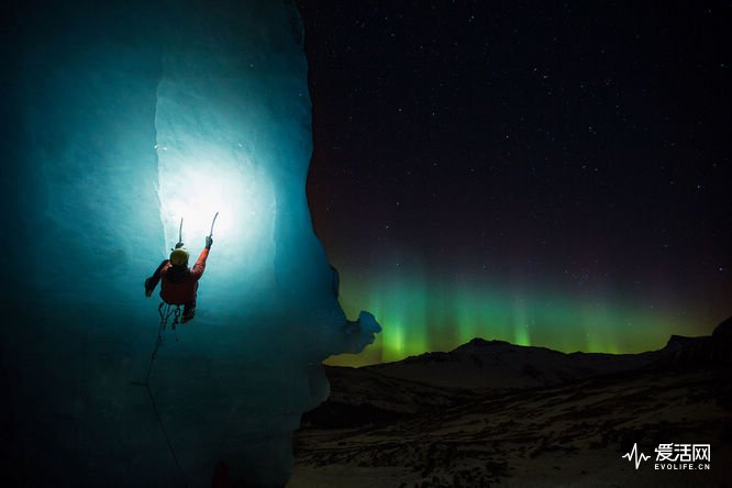 Ice climbing at Athabasca Glacier under the Aurora